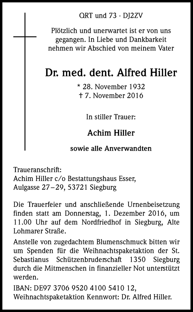  Traueranzeige für Alfred Hiller vom 26.11.2016 aus Kölner Stadt-Anzeiger / Kölnische Rundschau / Express