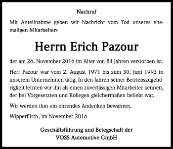 Anzeige von Erich Pazour von Kölner Stadt-Anzeiger / Kölnische Rundschau / Express