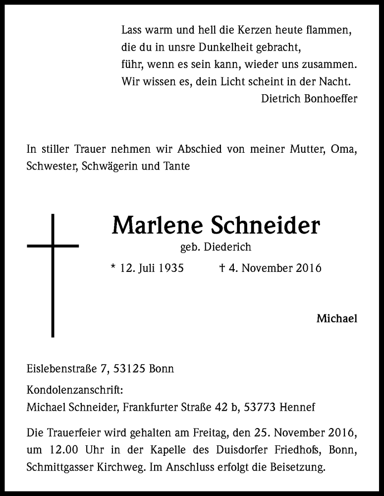  Traueranzeige für Marlene Schneider vom 23.11.2016 aus Kölner Stadt-Anzeiger / Kölnische Rundschau / Express