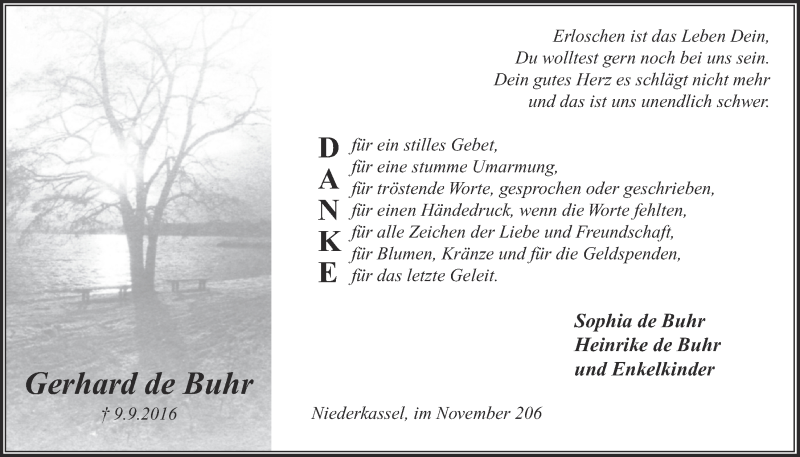  Traueranzeige für Gerhard de Buhr vom 09.11.2016 aus  Extra Blatt 