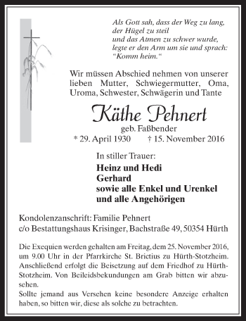 Anzeige von Käthe Pehnert von  Wochenende 