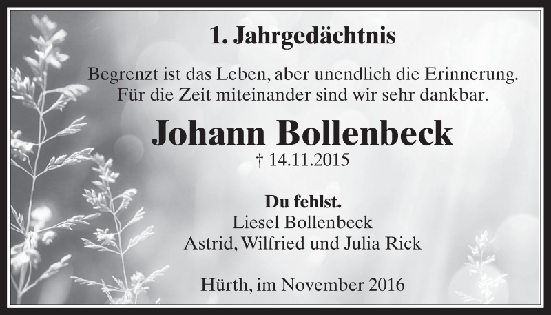  Traueranzeige für Johann Bollenbeck vom 16.11.2016 aus  Wochenende 