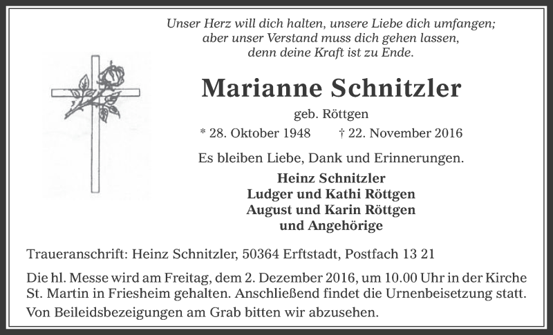  Traueranzeige für Marianne Schnitzler vom 30.11.2016 aus  Werbepost 