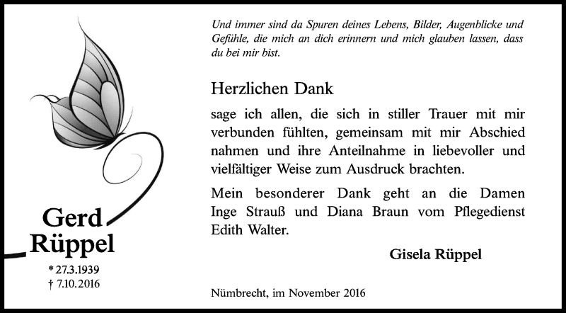  Traueranzeige für Gerd Rüppel vom 19.11.2016 aus Kölner Stadt-Anzeiger / Kölnische Rundschau / Express