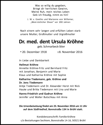 Anzeige von Ursula Kröhne von Kölner Stadt-Anzeiger / Kölnische Rundschau / Express
