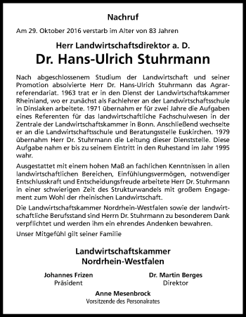 Anzeige von Hans-Ulrich Stuhrmann von Kölner Stadt-Anzeiger / Kölnische Rundschau / Express
