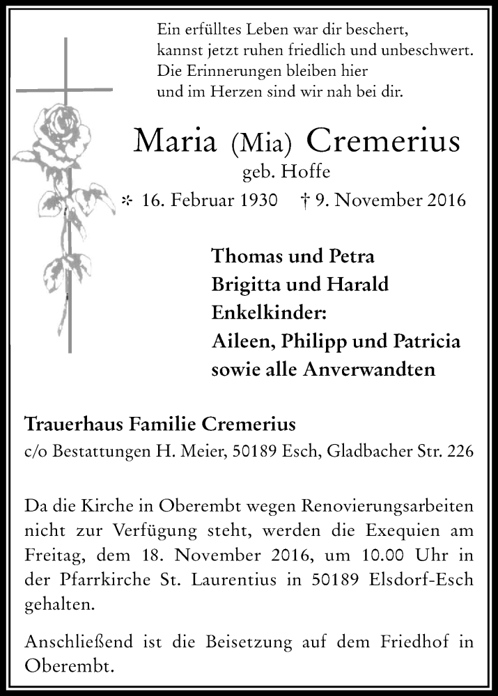  Traueranzeige für Maria Cremerius vom 18.11.2016 aus Kölner Stadt-Anzeiger / Kölnische Rundschau / Express