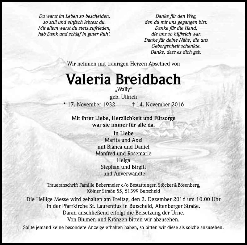  Traueranzeige für Valeria Breidbach vom 26.11.2016 aus Kölner Stadt-Anzeiger / Kölnische Rundschau / Express