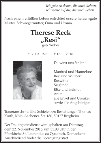 Anzeige von Therese Reck von  Sonntags-Post 