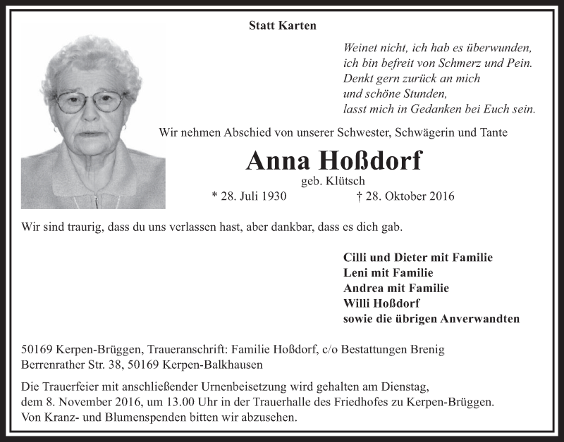  Traueranzeige für Anna Hoßdorf vom 05.11.2016 aus  Sonntags-Post 