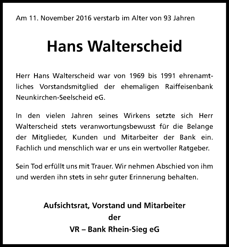  Traueranzeige für Hans Walterscheid vom 18.11.2016 aus Kölner Stadt-Anzeiger / Kölnische Rundschau / Express