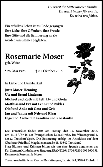 Anzeige von Rosemarie Moser von Kölner Stadt-Anzeiger / Kölnische Rundschau / Express