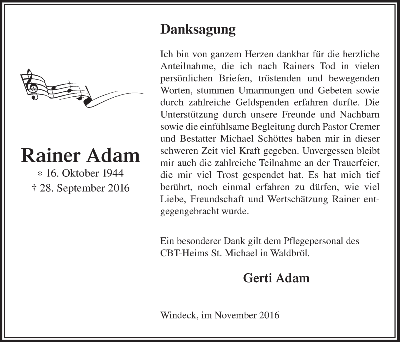  Traueranzeige für Rainer Adam vom 09.11.2016 aus  Lokalanzeiger 