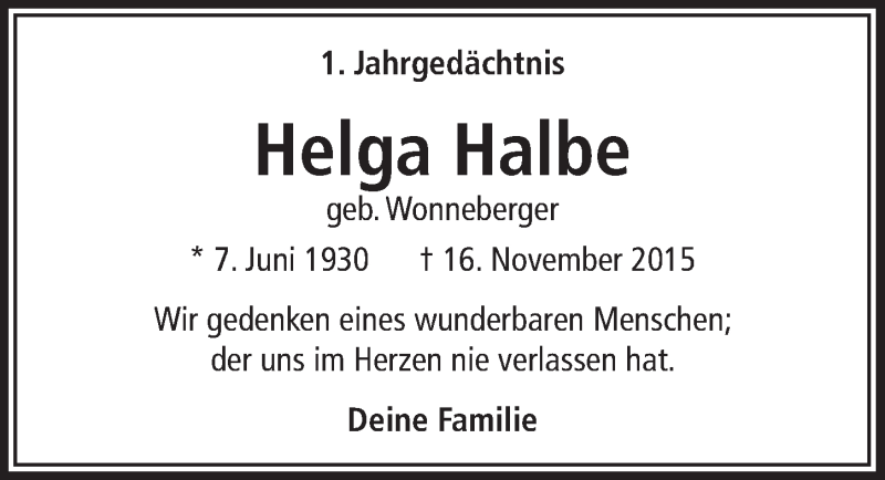  Traueranzeige für Helga Halbe vom 16.11.2016 aus  Anzeigen Echo 