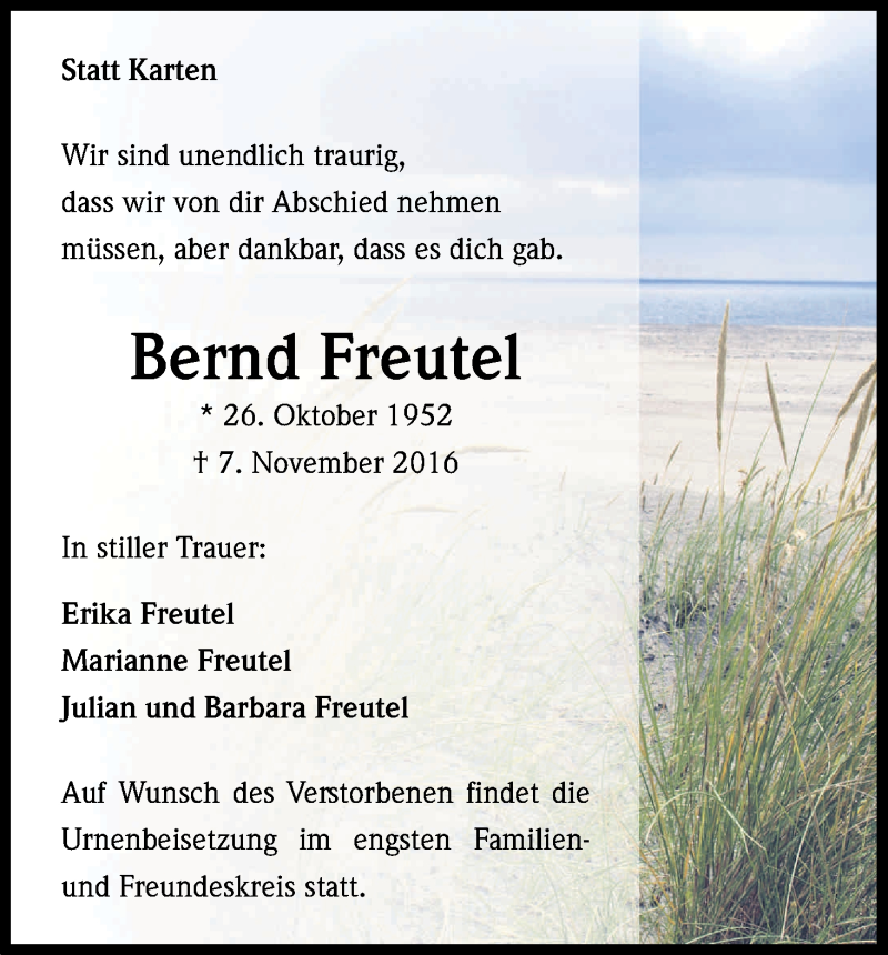  Traueranzeige für Bernd Freutel vom 19.11.2016 aus Kölner Stadt-Anzeiger / Kölnische Rundschau / Express