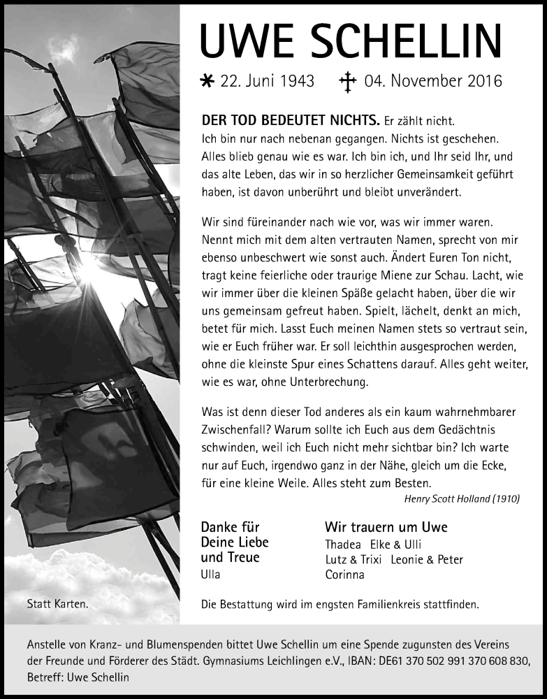  Traueranzeige für Uwe Schellin vom 09.11.2016 aus Kölner Stadt-Anzeiger / Kölnische Rundschau / Express