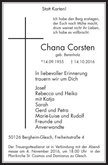 Anzeige von Chana Corsten von  Werbepost 
