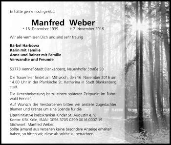 Anzeige von Manfred Weber von Kölner Stadt-Anzeiger / Kölnische Rundschau / Express