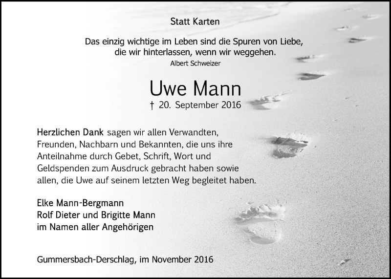  Traueranzeige für Uwe Mann vom 16.11.2016 aus  Anzeigen Echo 