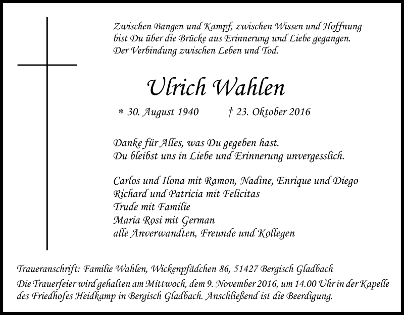  Traueranzeige für Ulrich Wahlen vom 05.11.2016 aus Kölner Stadt-Anzeiger / Kölnische Rundschau / Express