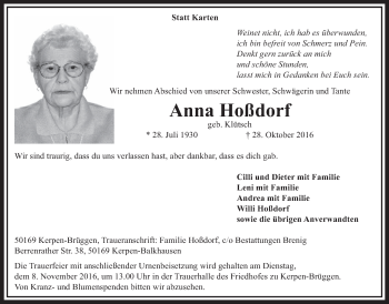 Anzeige von Anna Hoßdorf von  Sonntags-Post 