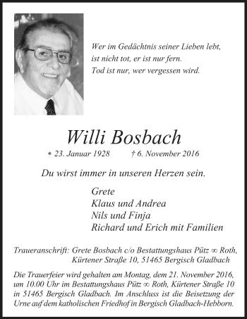 Anzeige von Willi Bosbach von Kölner Stadt-Anzeiger / Kölnische Rundschau / Express