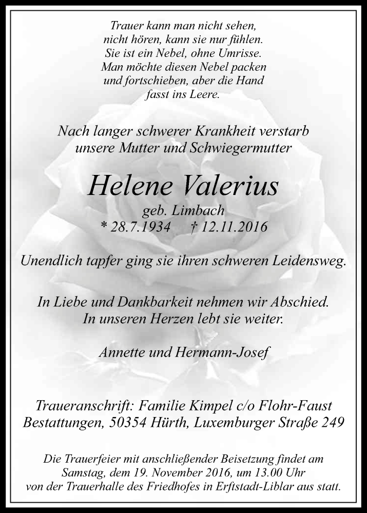  Traueranzeige für Helene Valerius vom 16.11.2016 aus Kölner Stadt-Anzeiger / Kölnische Rundschau / Express
