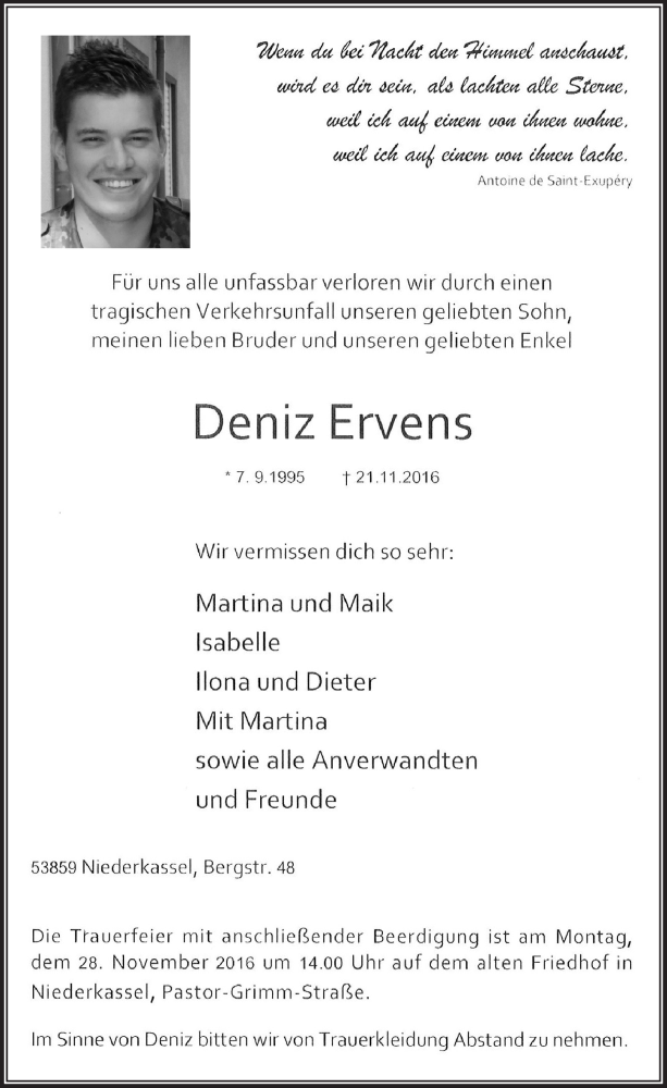  Traueranzeige für Deniz Ervens vom 26.11.2016 aus  Rhein-Sieg-Wochenende 