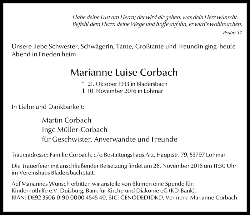  Traueranzeige für Marianne Luise Corbach vom 19.11.2016 aus Kölner Stadt-Anzeiger / Kölnische Rundschau / Express