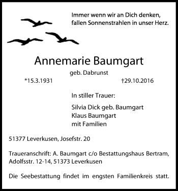 Anzeige von Annemarie Baumgart von Kölner Stadt-Anzeiger / Kölnische Rundschau / Express