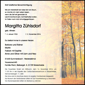 Anzeige von Margitta Zühlsdorf von Kölner Stadt-Anzeiger / Kölnische Rundschau / Express
