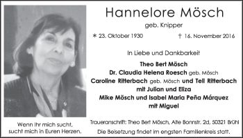 Anzeige von Hannelore Mösch von  Schlossbote/Werbekurier 