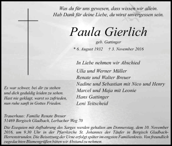 Anzeige von Paula Gierlich von Kölner Stadt-Anzeiger / Kölnische Rundschau / Express