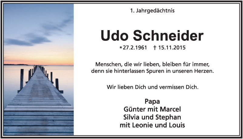  Traueranzeige für Udo Schneider vom 16.11.2016 aus  Extra Blatt 