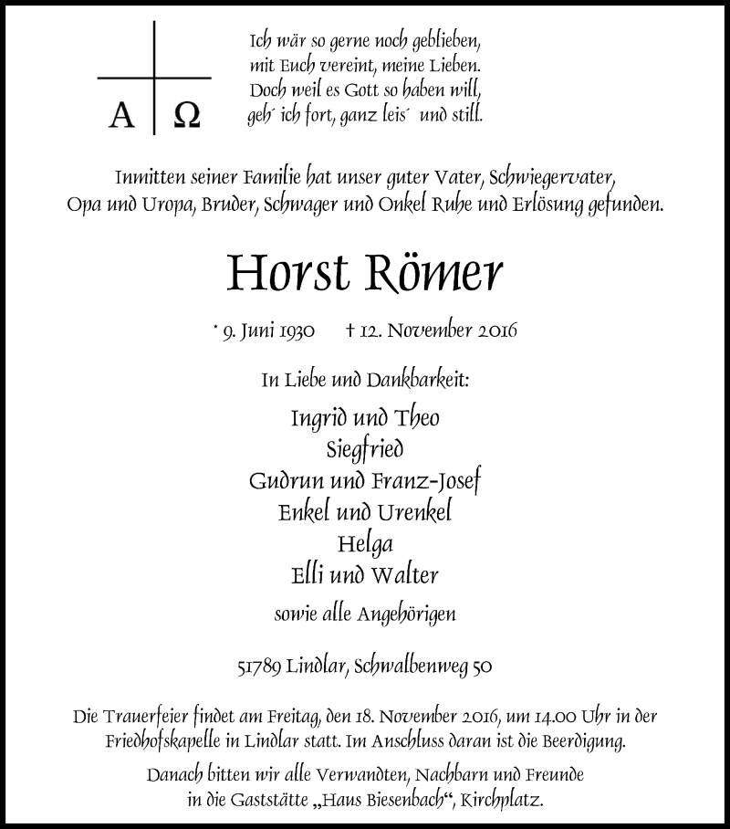  Traueranzeige für Horst Römer vom 15.11.2016 aus Kölner Stadt-Anzeiger / Kölnische Rundschau / Express