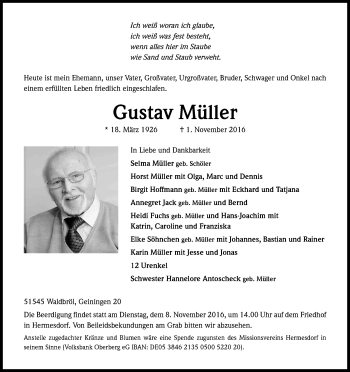 Anzeige von Gustav Müller von Kölner Stadt-Anzeiger / Kölnische Rundschau / Express