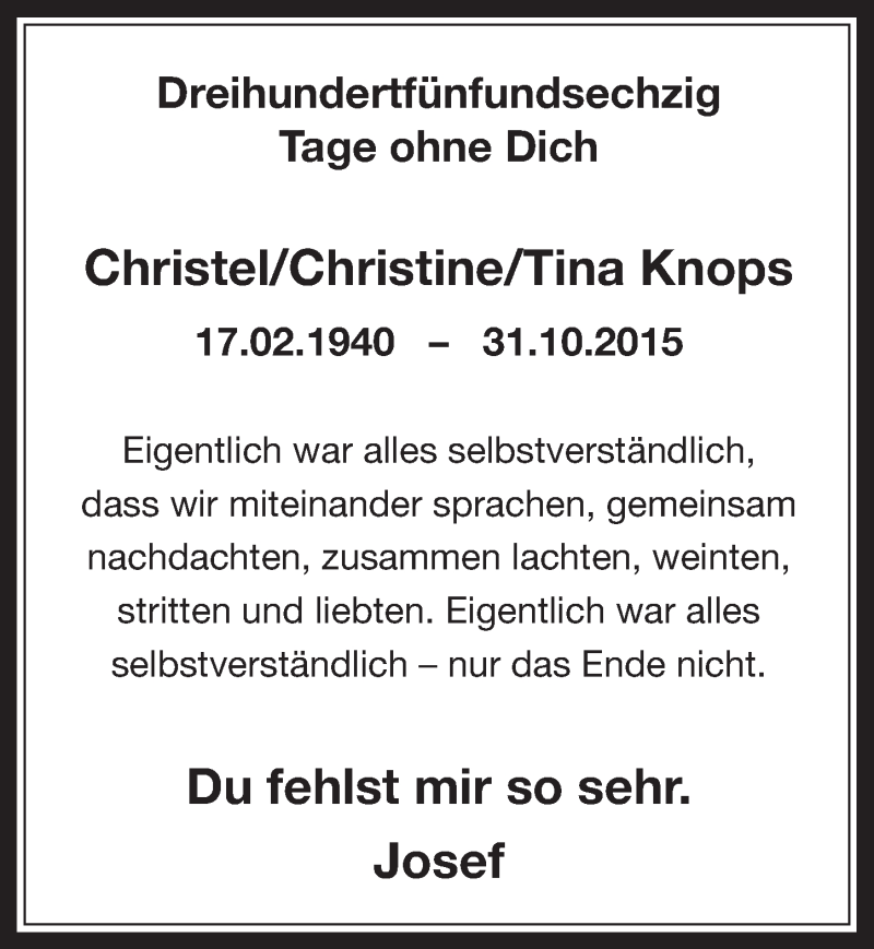  Traueranzeige für Christel Knops vom 02.11.2016 aus  Werbepost 