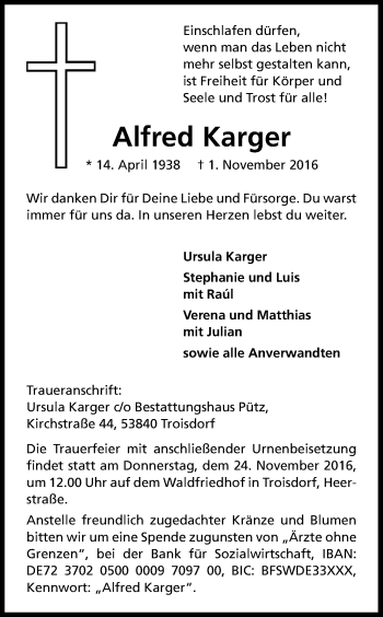 Anzeige von Alfred Karger von Kölner Stadt-Anzeiger / Kölnische Rundschau / Express
