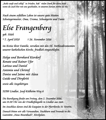 Anzeige von Else Frangenberg von Kölner Stadt-Anzeiger / Kölnische Rundschau / Express