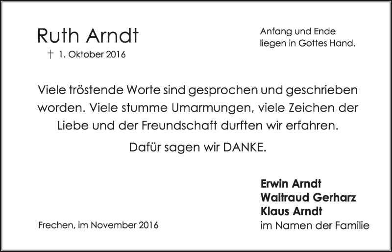  Traueranzeige für Ruth Arndt vom 30.11.2016 aus  Wochenende 
