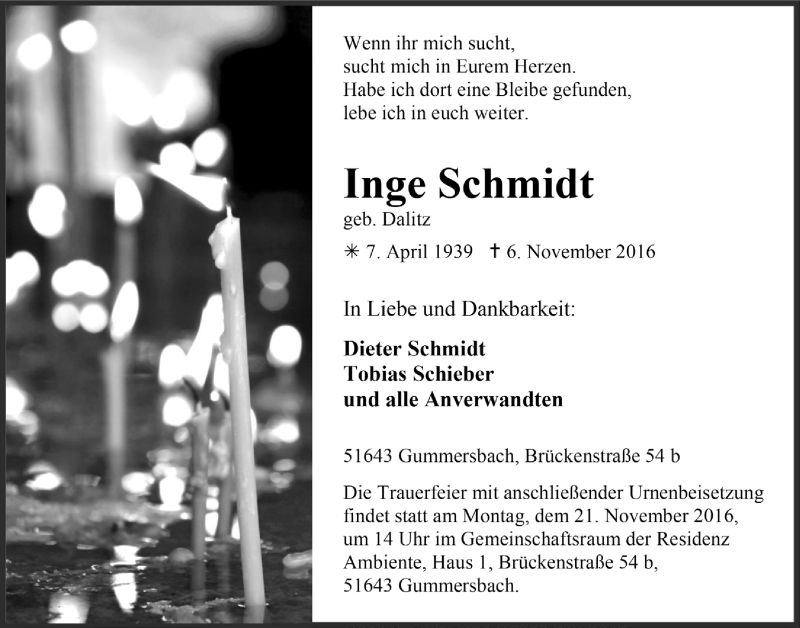  Traueranzeige für Inge Schmidt vom 16.11.2016 aus  Anzeigen Echo 