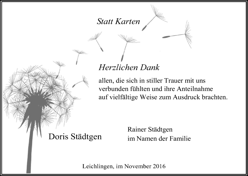  Traueranzeige für Doris Städtgen vom 26.11.2016 aus Kölner Stadt-Anzeiger / Kölnische Rundschau / Express