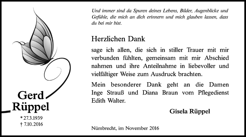  Traueranzeige für Gerd Rüppel vom 16.11.2016 aus  Lokalanzeiger 