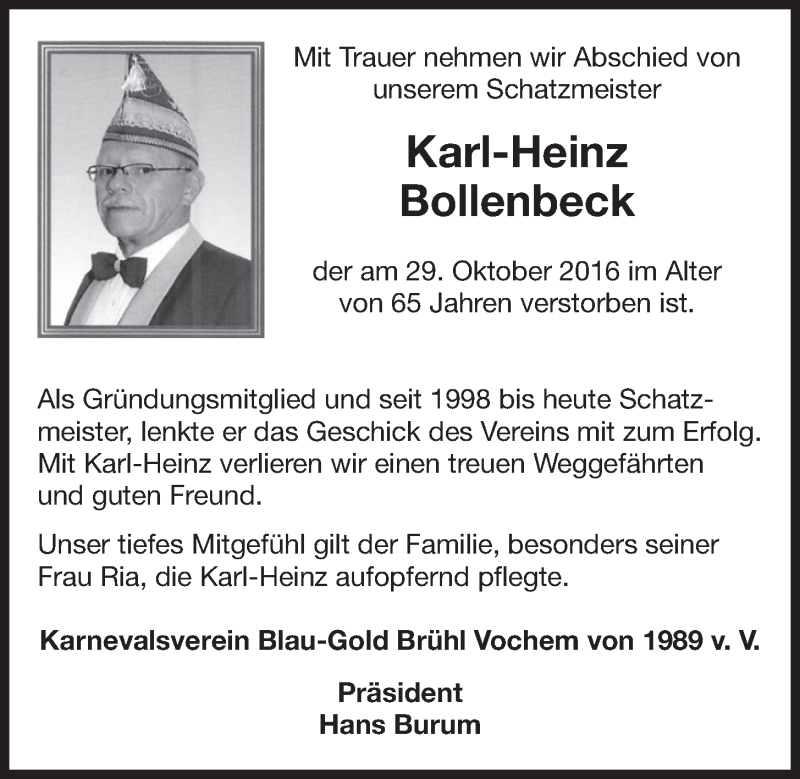 Traueranzeige für Karl-Heinz Bollenbeck vom 09.11.2016 aus  Schlossbote/Werbekurier 