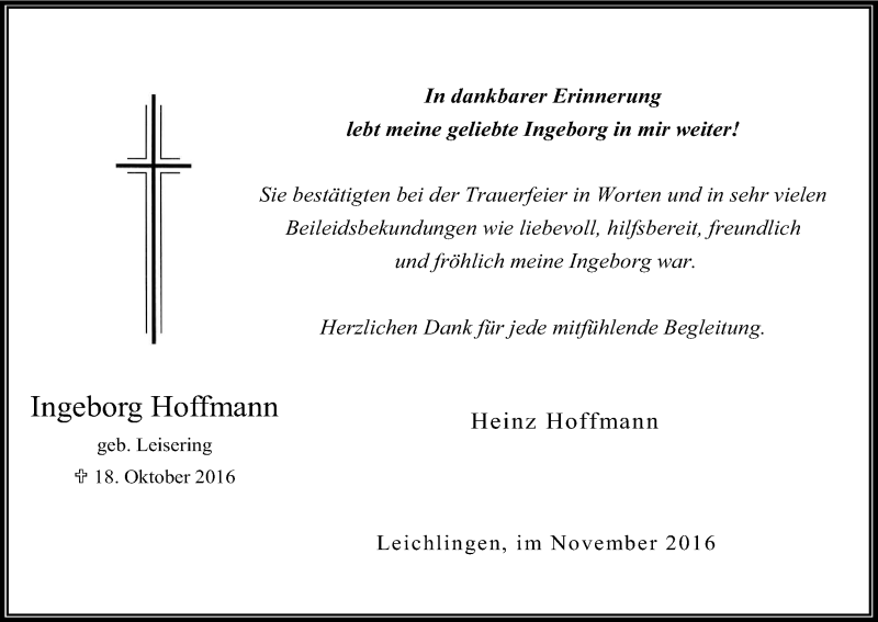  Traueranzeige für Ingeborg Hoffmann vom 12.11.2016 aus Kölner Stadt-Anzeiger / Kölnische Rundschau / Express