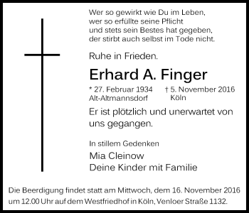 Anzeige von Erhard Finger von Kölner Stadt-Anzeiger / Kölnische Rundschau / Express