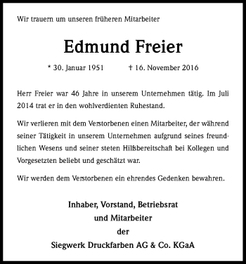 Anzeige von Edmund Freier von Kölner Stadt-Anzeiger / Kölnische Rundschau / Express
