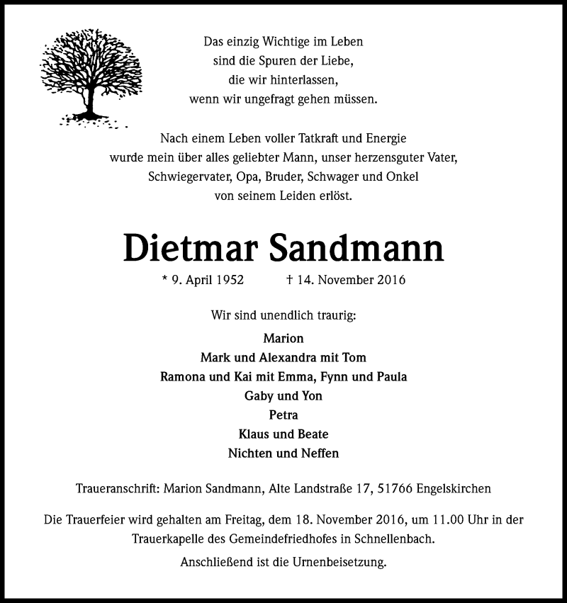  Traueranzeige für Dietmar Sandmann vom 16.11.2016 aus Kölner Stadt-Anzeiger / Kölnische Rundschau / Express