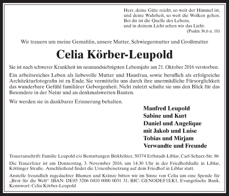  Traueranzeige für Celia Körber-Leupold vom 02.11.2016 aus  Werbepost 