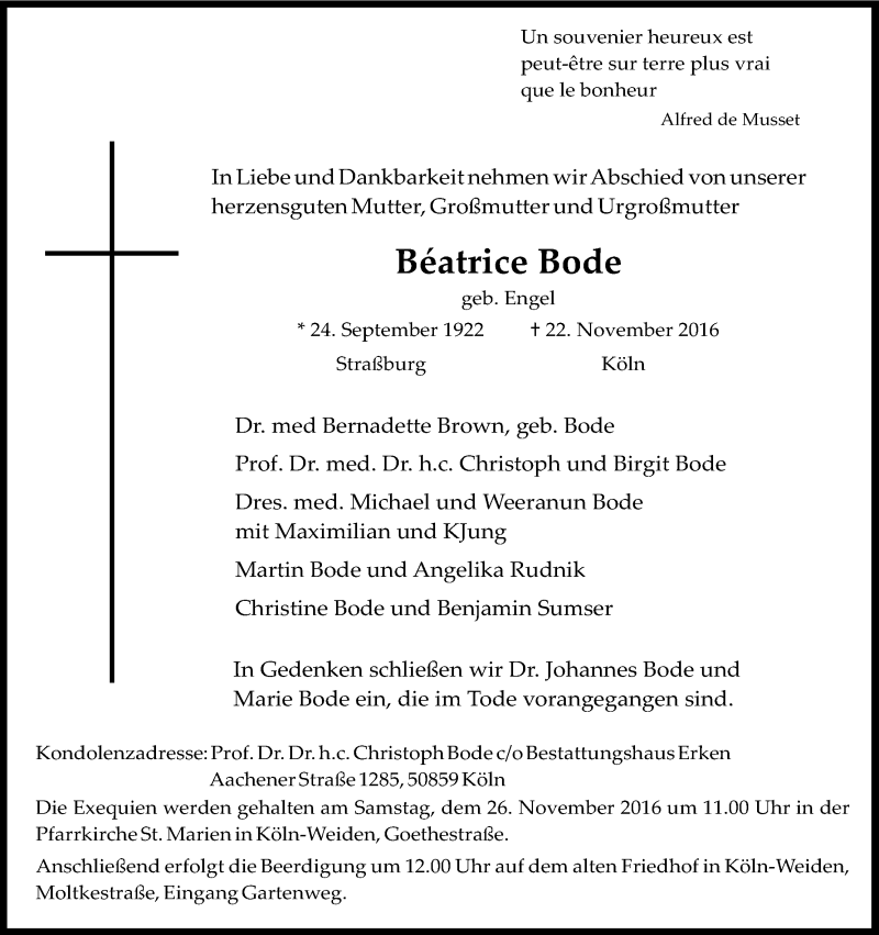  Traueranzeige für Béatrice Bode vom 25.11.2016 aus Kölner Stadt-Anzeiger / Kölnische Rundschau / Express